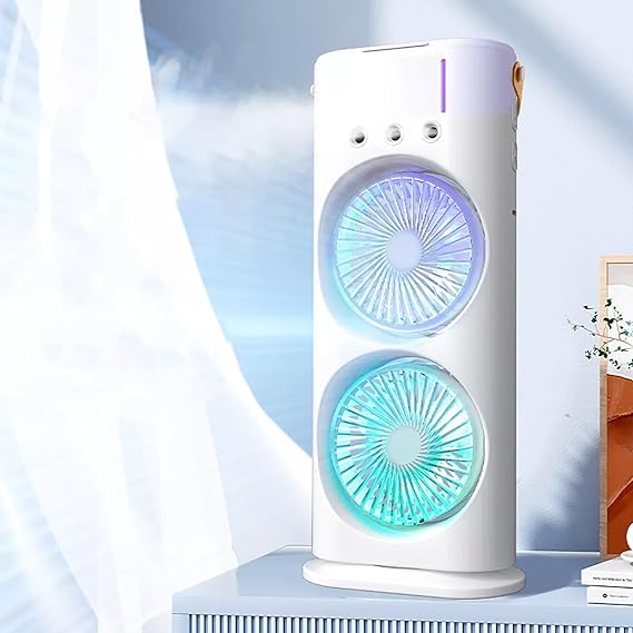 Portable Mini Double Fan Air Cooler With Mist Humidifier | Mini Table Cooling Fan For Home & Office - Rechargeable