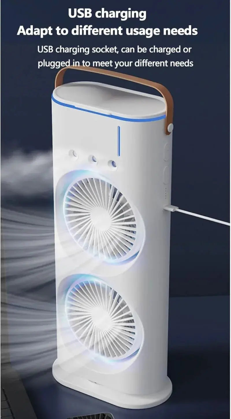 Portable Mini Double Fan Air Cooler With Mist Humidifier | Mini Table Cooling Fan For Home & Office - Rechargeable