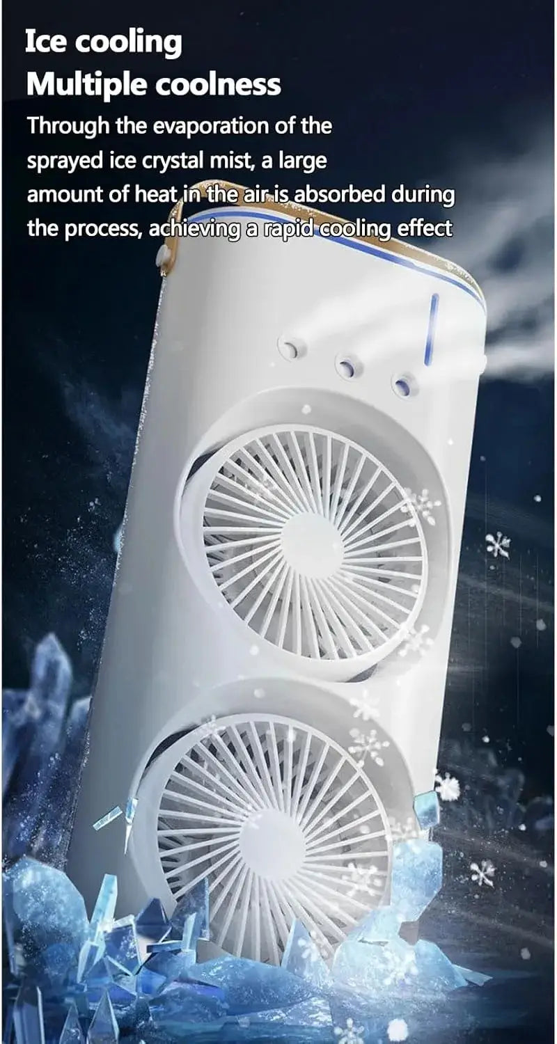 Portable Mini Double Fan Air Cooler With Mist Humidifier | Mini Table Cooling Fan For Home & Office - Rechargeable