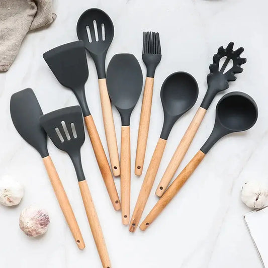 12 Pcs Silicone Cooking Utensils Kitchen Utensil Set | Heat Resistant Kitchen Non Toxic Spatula Set With Turner Tongs,spoon,brush,whisk-wooden Handle(random Color)