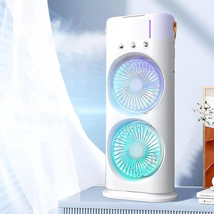 Portable Mini Double Fan Air Cooler With Mist Humidifier | Mini Table Cooling Fan For Home & Office - Rechargeable