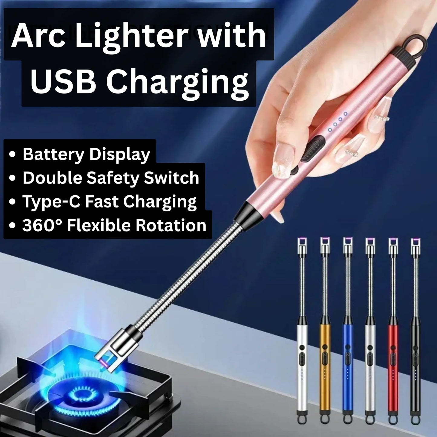 Arc Electric Lighter With USB Charging | Flameless Windproof | LED Battery Display | Safety Switch | 360 Degrees Rotation